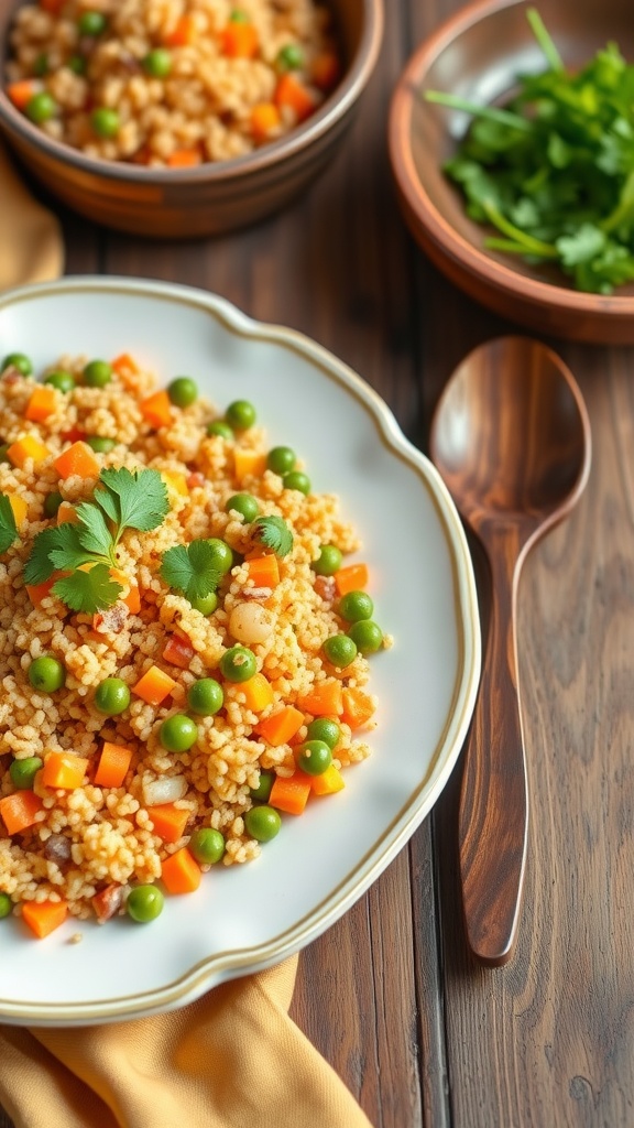 A colorful serving of quinoa upma with carrots, peas, and spices, garnished with coriander on a rustic table.